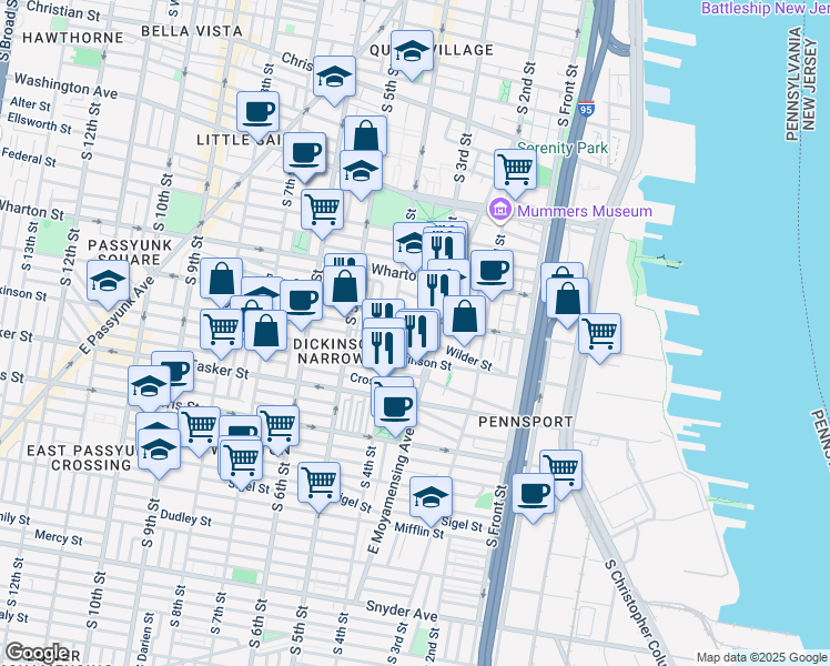 map of restaurants, bars, coffee shops, grocery stores, and more near 325 Gerritt Street in Philadelphia