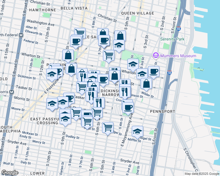 map of restaurants, bars, coffee shops, grocery stores, and more near 524 Wilder Street in Philadelphia