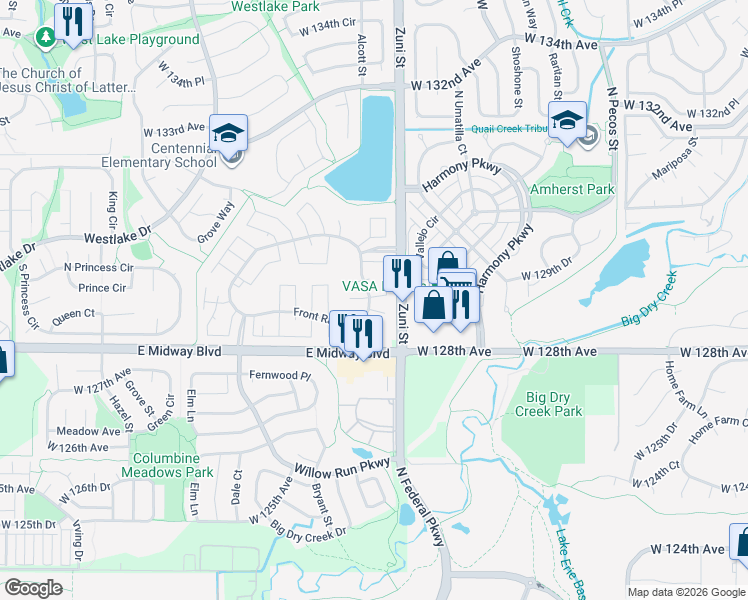 map of restaurants, bars, coffee shops, grocery stores, and more near Alcott Drive in Denver