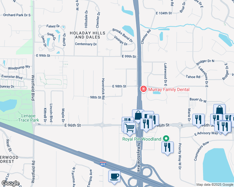 map of restaurants, bars, coffee shops, grocery stores, and more near 2542 Pleasant Way West in Indianapolis