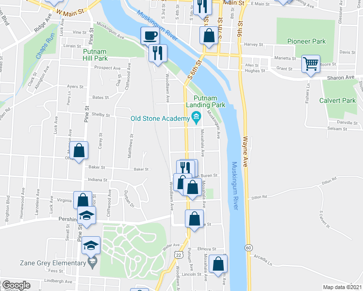 map of restaurants, bars, coffee shops, grocery stores, and more near 551 Putnam Avenue in Zanesville