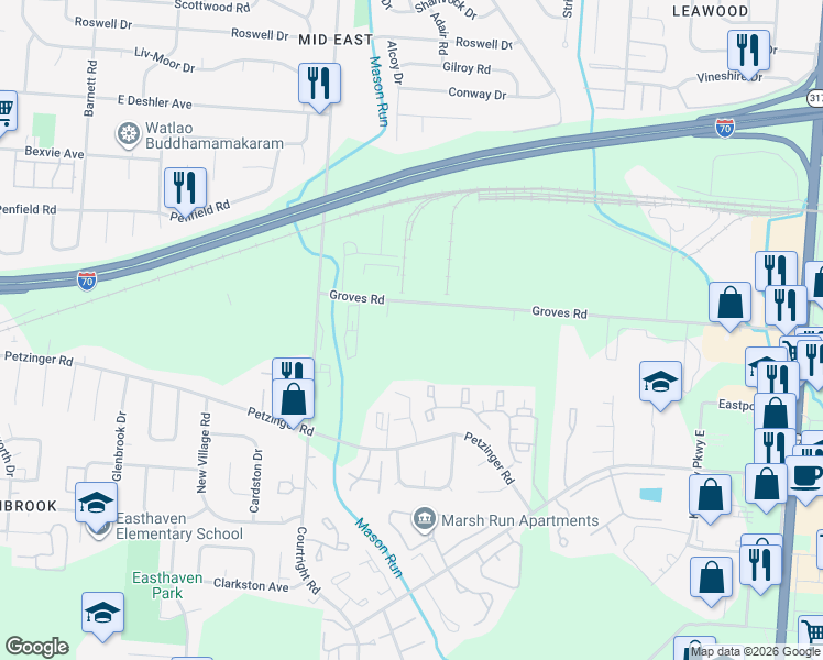 map of restaurants, bars, coffee shops, grocery stores, and more near 3985 Groves Road in Columbus