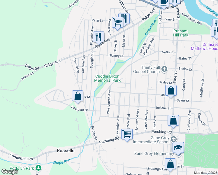 map of restaurants, bars, coffee shops, grocery stores, and more near 700 Dryden Road in Zanesville