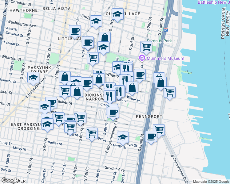 map of restaurants, bars, coffee shops, grocery stores, and more near 320 Gerritt Street in Philadelphia