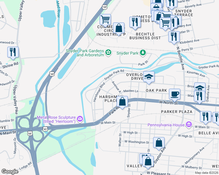 map of restaurants, bars, coffee shops, grocery stores, and more near 2024 Broadway Street in Springfield