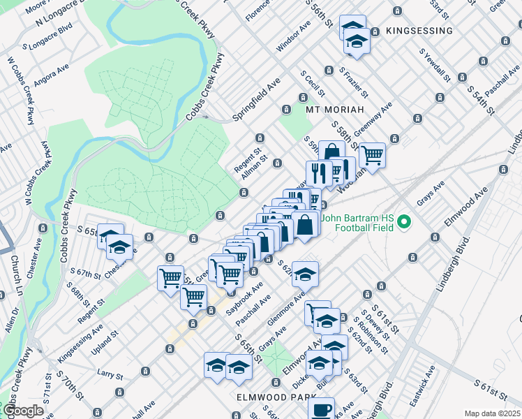 map of restaurants, bars, coffee shops, grocery stores, and more near 2038 South 61st Street in Philadelphia