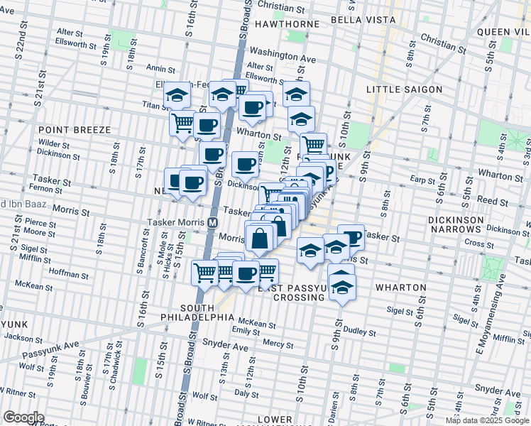 map of restaurants, bars, coffee shops, grocery stores, and more near 1219 Tasker Street in Philadelphia