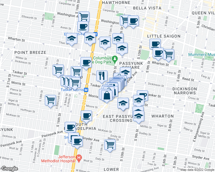 map of restaurants, bars, coffee shops, grocery stores, and more near 1219 Tasker Street in Philadelphia