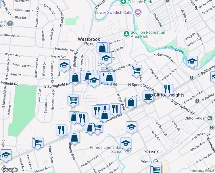 map of restaurants, bars, coffee shops, grocery stores, and more near 436 Springfield Road in Clifton Heights