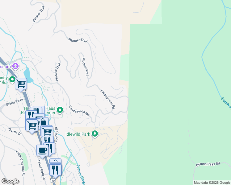 map of restaurants, bars, coffee shops, grocery stores, and more near 161 Trails End Way in Granby