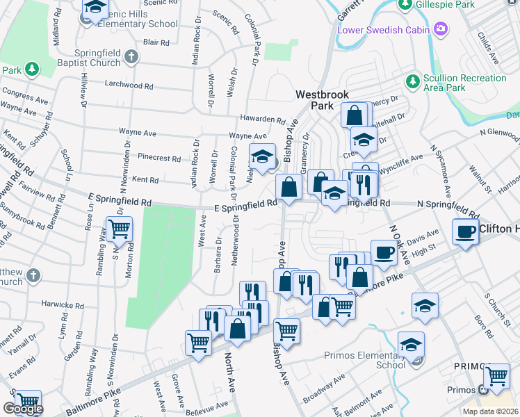 map of restaurants, bars, coffee shops, grocery stores, and more near 626 East Springfield Road in Springfield
