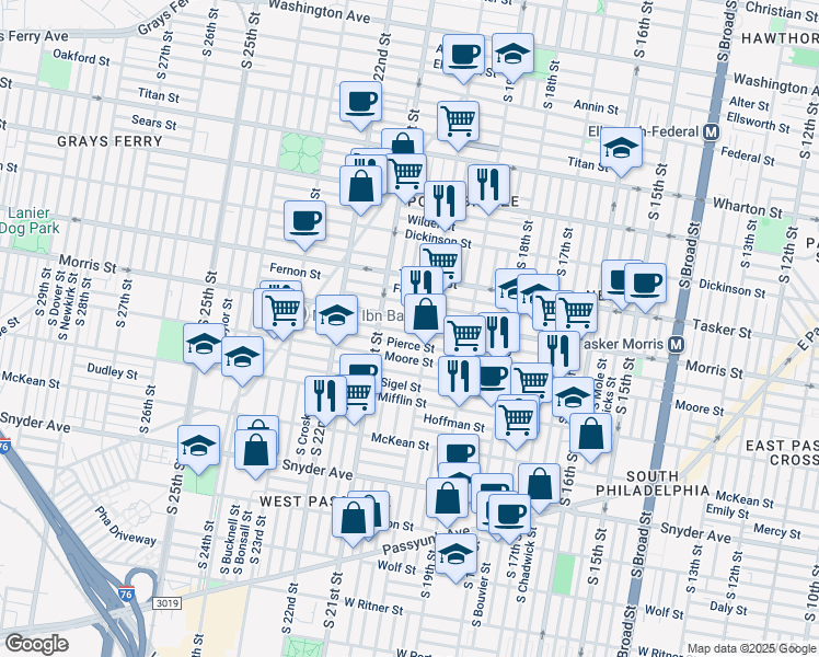 map of restaurants, bars, coffee shops, grocery stores, and more near 2025 Watkins Street in Philadelphia