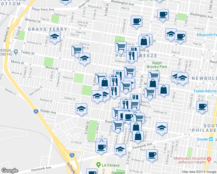 map of restaurants, bars, coffee shops, grocery stores, and more near 2347 Moore Street in Philadelphia