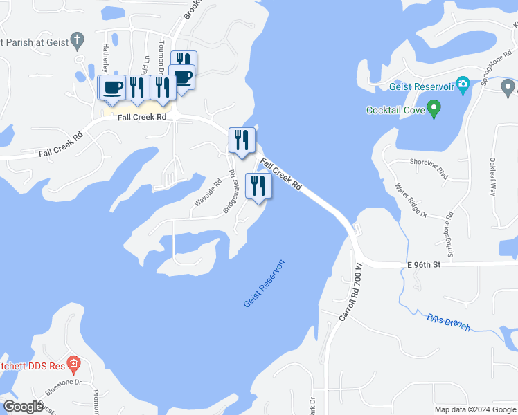 map of restaurants, bars, coffee shops, grocery stores, and more near 11699 Fall Creek Road in Indianapolis
