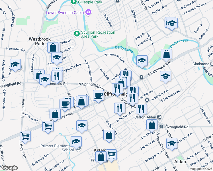 map of restaurants, bars, coffee shops, grocery stores, and more near 28 Harrison Avenue in Clifton Heights