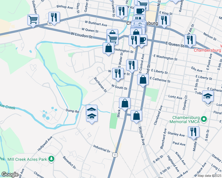 map of restaurants, bars, coffee shops, grocery stores, and more near 520 Hollywell Avenue in Chambersburg