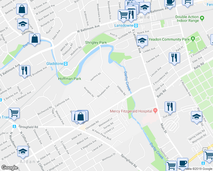 map of restaurants, bars, coffee shops, grocery stores, and more near 1 Roselawn Avenue in Lansdowne