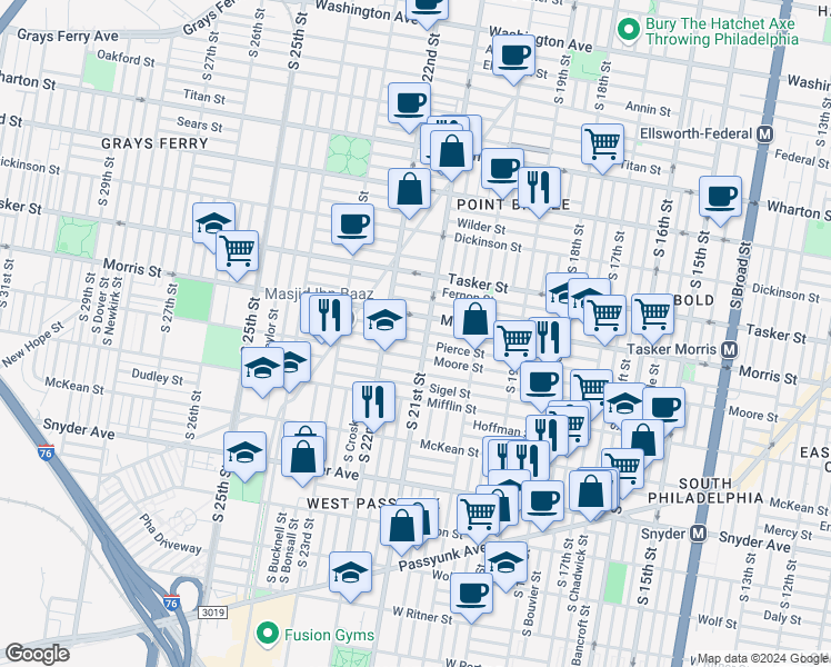 map of restaurants, bars, coffee shops, grocery stores, and more near 2112 Watkins Street in Philadelphia