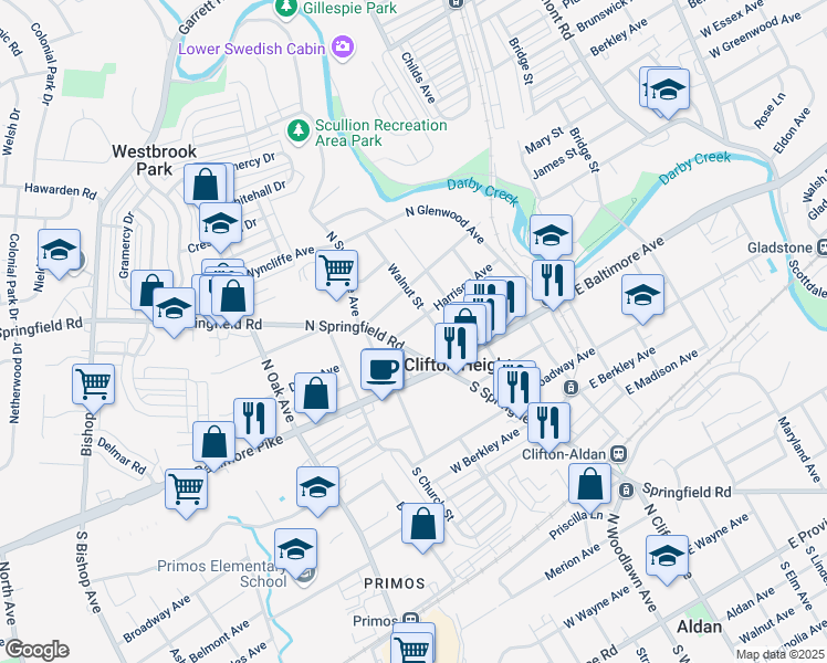 map of restaurants, bars, coffee shops, grocery stores, and more near 28 Harrison Avenue in Clifton Heights