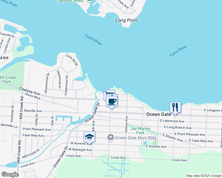 map of restaurants, bars, coffee shops, grocery stores, and more near 1 Ocean Gate Avenue in Ocean Gate