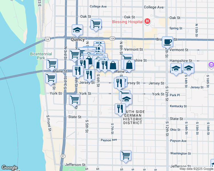 map of restaurants, bars, coffee shops, grocery stores, and more near 628 Jersey Street in Quincy
