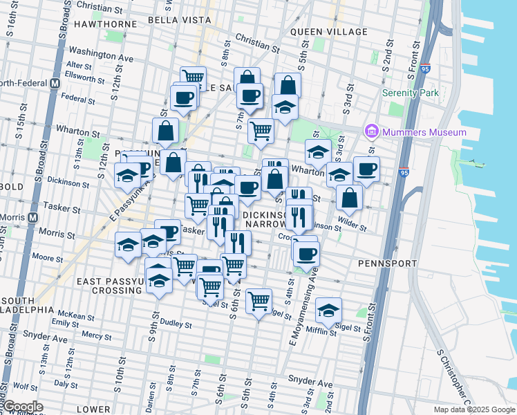 map of restaurants, bars, coffee shops, grocery stores, and more near 538 Wilder Street in Philadelphia