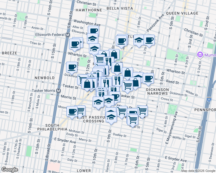map of restaurants, bars, coffee shops, grocery stores, and more near 911 Cross Street in Philadelphia
