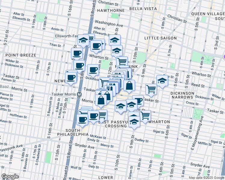 map of restaurants, bars, coffee shops, grocery stores, and more near 1117 Linn Street in Philadelphia