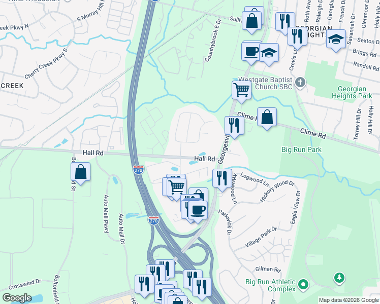 map of restaurants, bars, coffee shops, grocery stores, and more near 1093 Georgesville Green Drive in Columbus