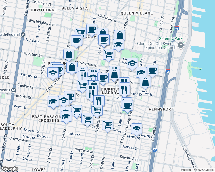 map of restaurants, bars, coffee shops, grocery stores, and more near 538 Wilder Street in Philadelphia