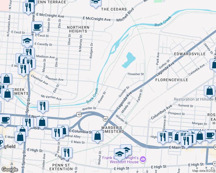 map of restaurants, bars, coffee shops, grocery stores, and more near 551 Power Street in Springfield