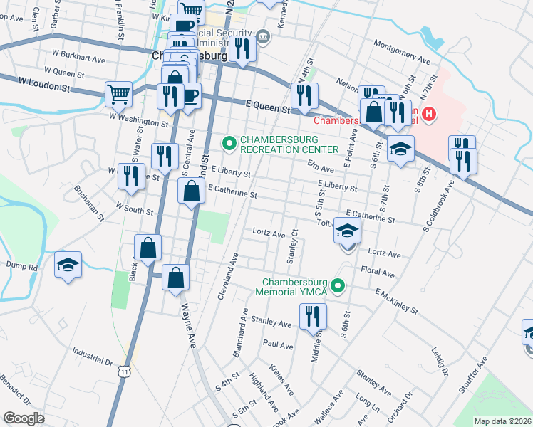map of restaurants, bars, coffee shops, grocery stores, and more near 366 Tolbert Avenue in Chambersburg