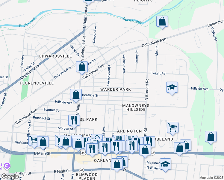 map of restaurants, bars, coffee shops, grocery stores, and more near 2229 Woodside Avenue in Springfield