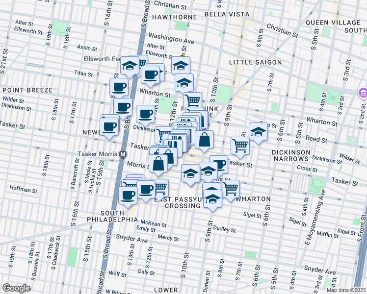 map of restaurants, bars, coffee shops, grocery stores, and more near 1534 East Passyunk Avenue in Philadelphia