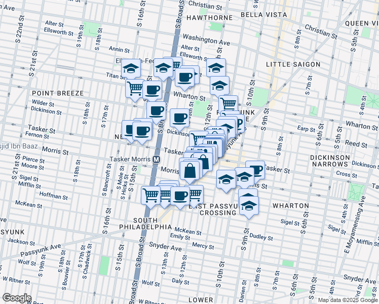 map of restaurants, bars, coffee shops, grocery stores, and more near 1229 Tasker Street in Philadelphia
