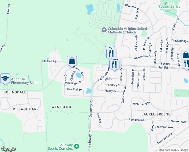 map of restaurants, bars, coffee shops, grocery stores, and more near 6188 Jolliff Street in Galloway