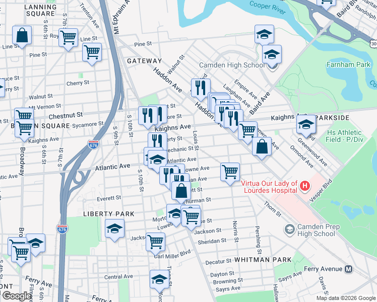 map of restaurants, bars, coffee shops, grocery stores, and more near 1181 Atlantic Avenue in Camden