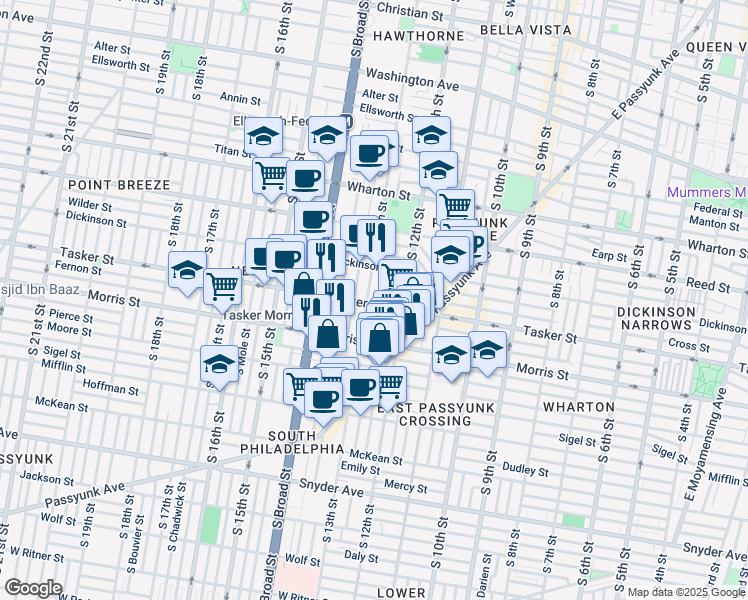 map of restaurants, bars, coffee shops, grocery stores, and more near 1606 South 13th Street in Philadelphia