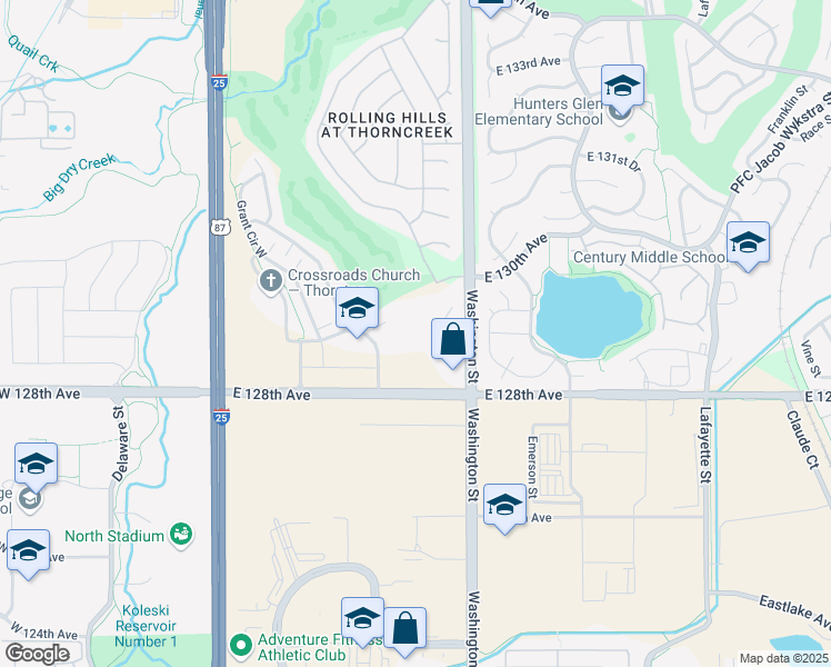 map of restaurants, bars, coffee shops, grocery stores, and more near 12851 Grant Drive in Thornton