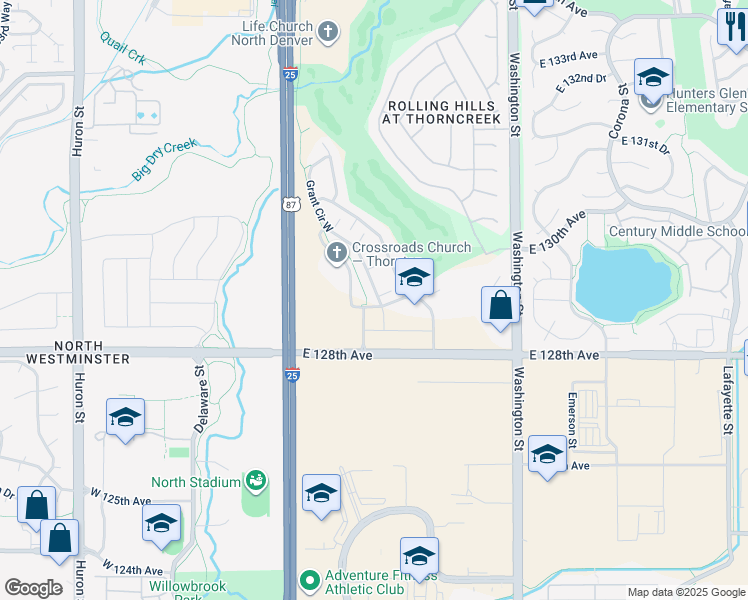 map of restaurants, bars, coffee shops, grocery stores, and more near 12900 Grant Circle West in Thornton