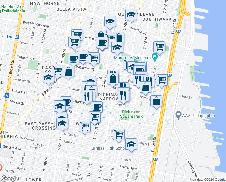 map of restaurants, bars, coffee shops, grocery stores, and more near 1438 South Lawrence Terrace in Philadelphia