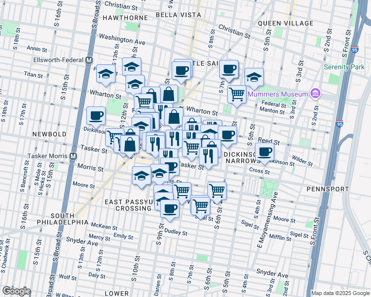 map of restaurants, bars, coffee shops, grocery stores, and more near 824 Greenwich Street in Philadelphia