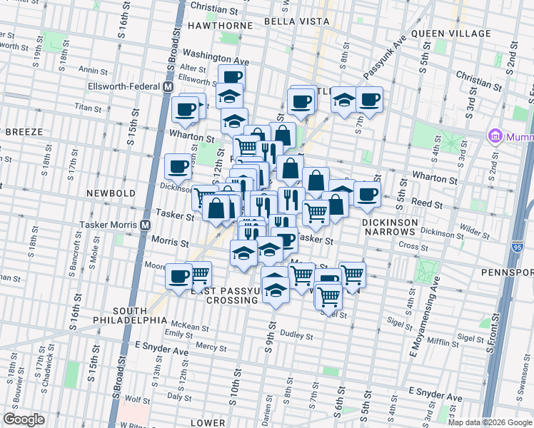 map of restaurants, bars, coffee shops, grocery stores, and more near 911 Cross Street in Philadelphia