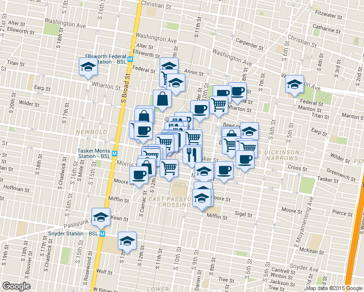 map of restaurants, bars, coffee shops, grocery stores, and more near in Philadelphia