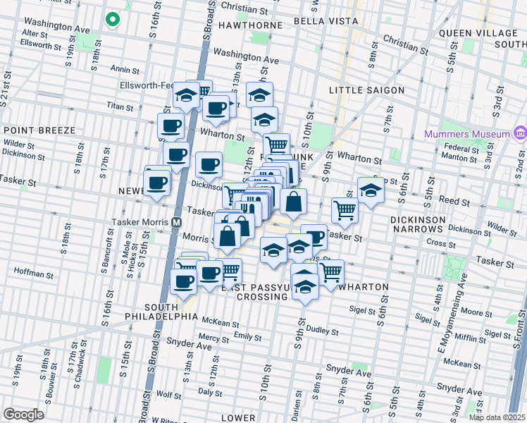 map of restaurants, bars, coffee shops, grocery stores, and more near 1548 East Passyunk Avenue in Philadelphia