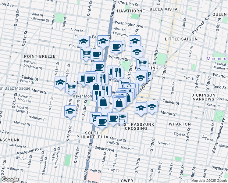 map of restaurants, bars, coffee shops, grocery stores, and more near 1606 South 13th Street in Philadelphia