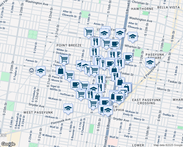 map of restaurants, bars, coffee shops, grocery stores, and more near 1634 South Chadwick Street in Philadelphia