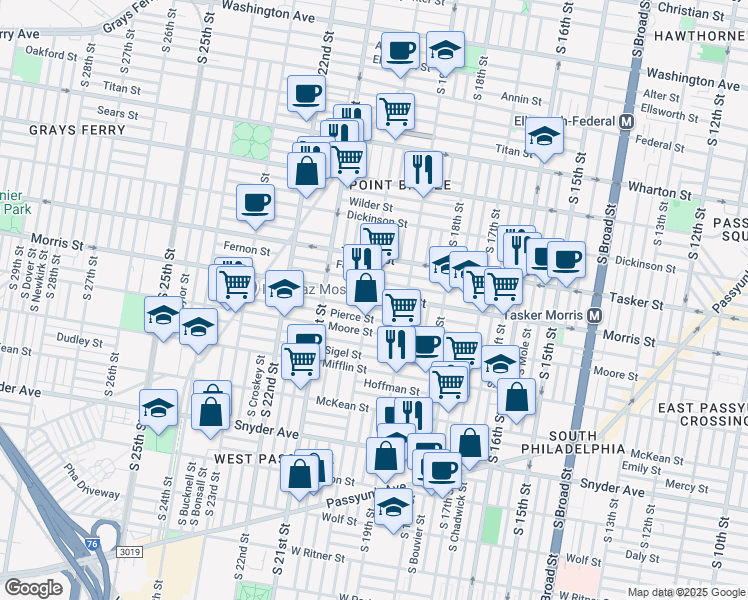 map of restaurants, bars, coffee shops, grocery stores, and more near 1714 South 20th Street in Philadelphia