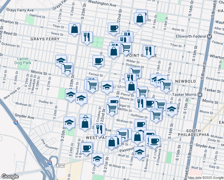 map of restaurants, bars, coffee shops, grocery stores, and more near 2144 Pierce Street in Philadelphia