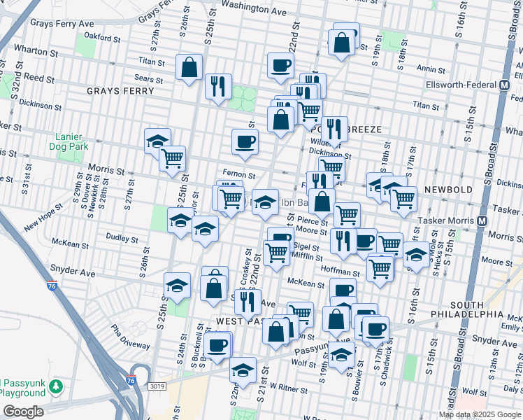 map of restaurants, bars, coffee shops, grocery stores, and more near 1722 South 22nd Street in Philadelphia